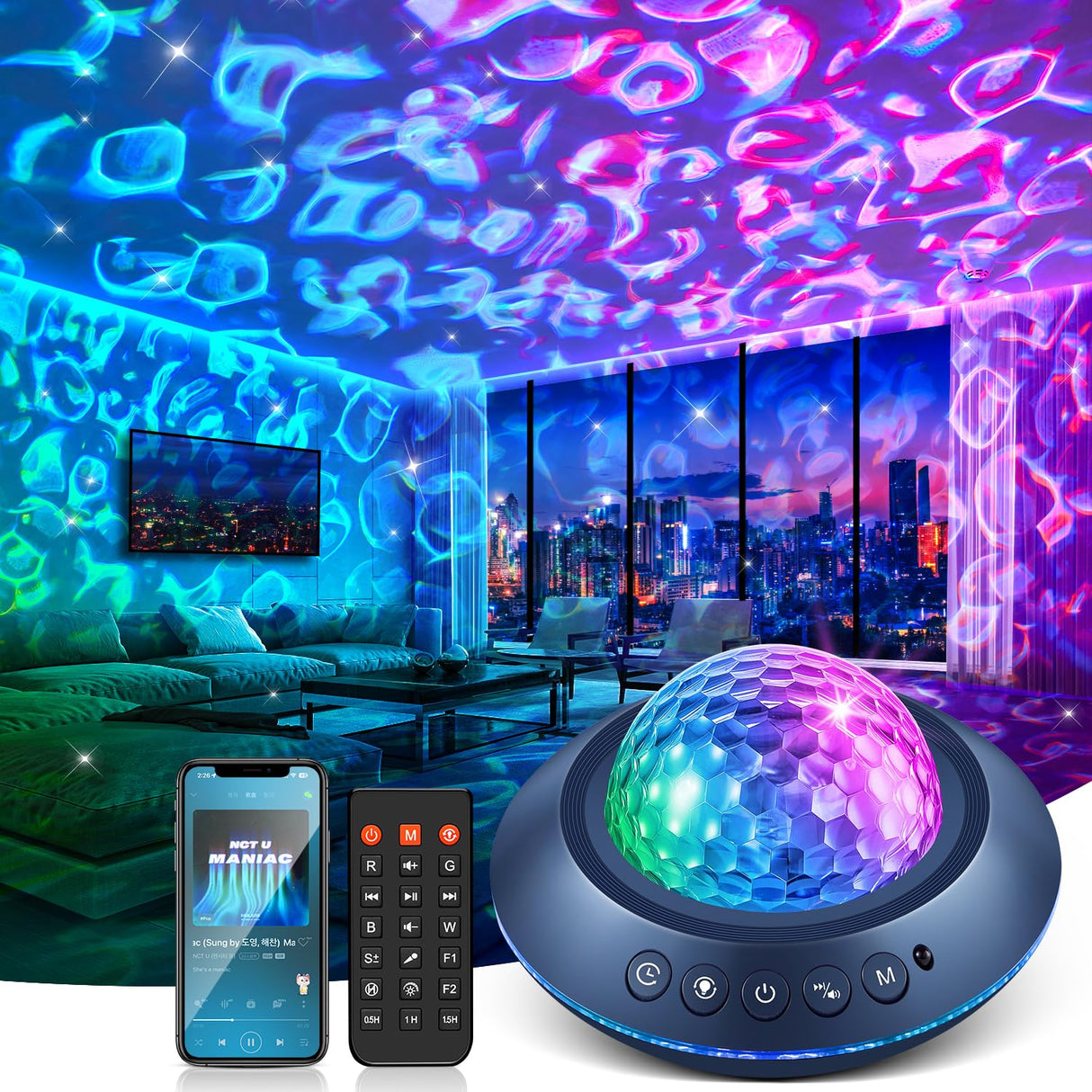 One Fire Ocean Light Projector,15 White Noises & Bluetooth Ambient Lighting, 360° Full Coverage Ceiling Projector Ocean Lamp, Remote Timer Galaxy Lamp for Bedroom Decor, Mood Lighting Gifts