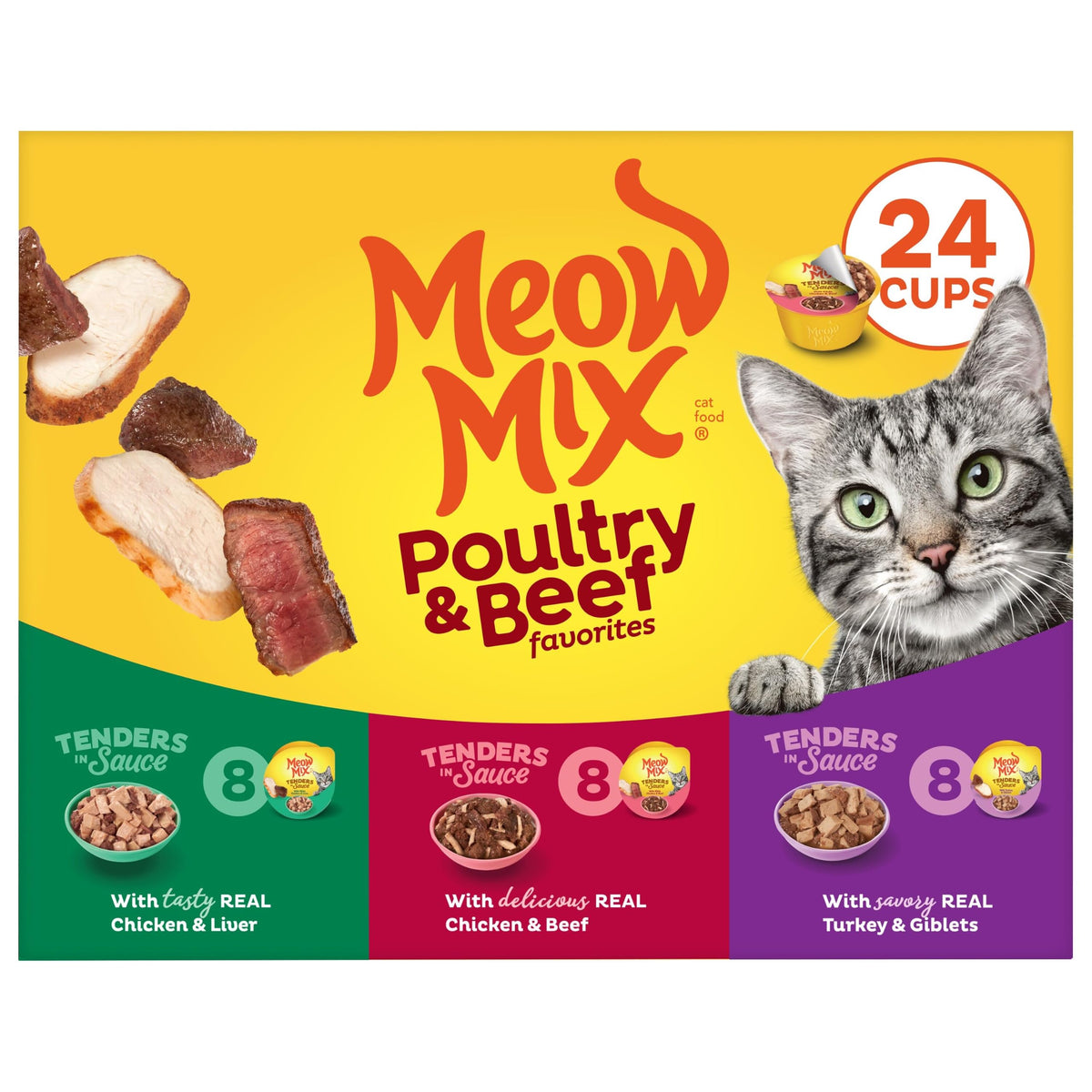 Meow Mix Poultry & Beef Favorites, Wet Food Variety Pack, 24 Cups