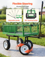VEVOR 500 LBS Steel Garden Cart with Work Seat, Heavy Duty Garden Wagon Cart on Wheels, Outdoor Metal Utility Yard Wagon Gardening Stool with 10inch Flat Free Tires & Adjustable Handle, Green