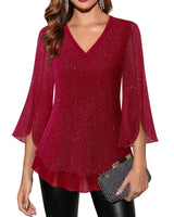 Timeson Womens Christmas Tops: Sparkly 3/4 Sleeve Night Out - Womens Blouses Dressy Casual - Fashion Fall Shirts Red Tunics Holiday Clothes Plus Size Date Outfits Fancy Festive Attire Loose Fit XL