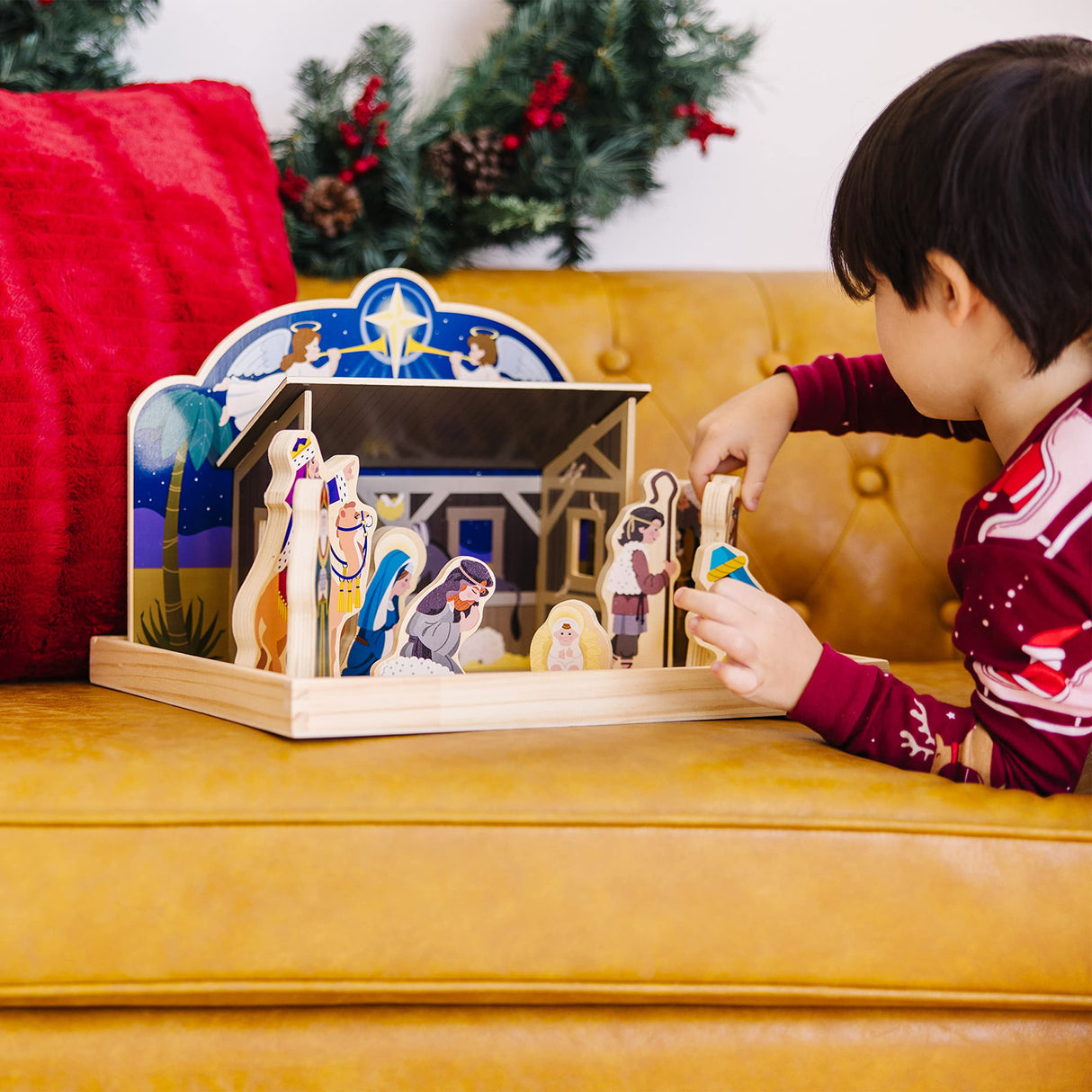 Melissa & Doug Classic Wooden Christmas Nativity Set with 4-Piece Stable and 11 Wooden Figures