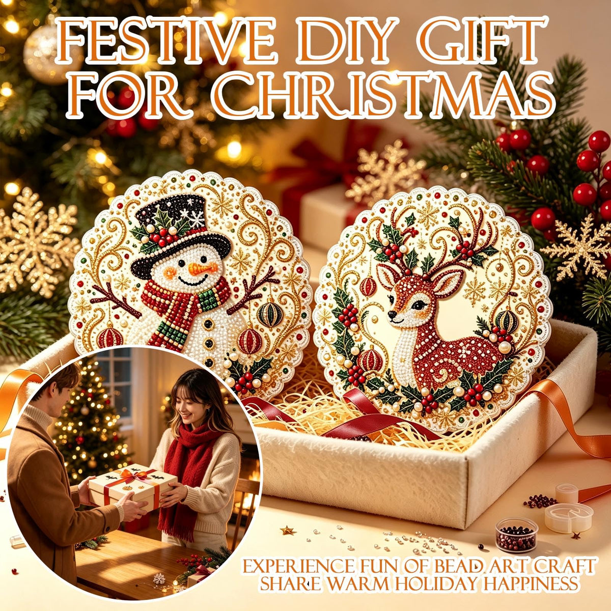 MTZK 2PCS Christmas Pearl Diamond Painting Suncatcher Kit，DIY Craft, Beaded Acrylic Craft Set for Adults & Teens, Creative Xmas Tree Pendant Gift