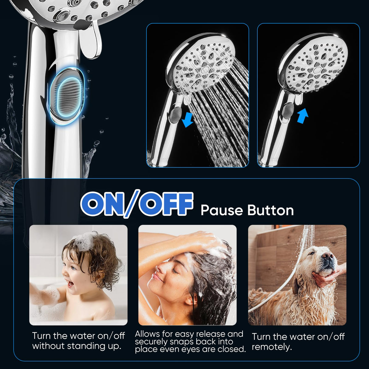 Cobbe 9-Function Shower Head with Built-in Power Spray, 1.8 GPM Water Saving ON/OFF Toggle Switch, High Pressure Handheld Showerhead with 1-Click Pause Button, Brass Bracket & 6ft Hose, Chrome