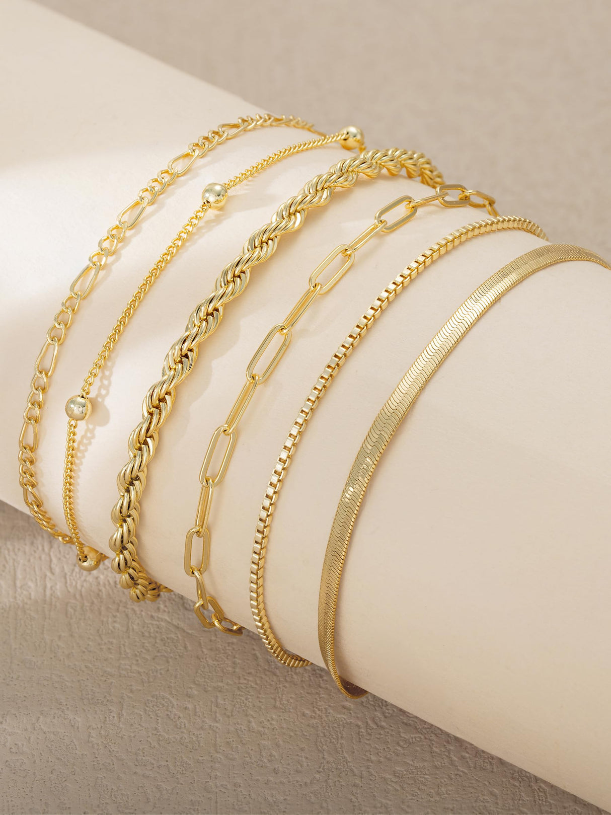 CTEEGN Anklets for Women, 14K Gold Plated 6 Pcs Layered Dainty Anklet Set - Tarnish Resistant Waterproof Brass Ankle Bracelet with Cuban Box Rope Figaro Snake Paperclip Chain, Adjustable 8.5"+2"
