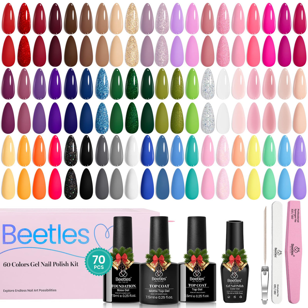Beetles Winter Gel Nail Polish Set, 70 PCS 60 Colors Red Green Pink Brown Blue Nude Glitter Gel Nail Polish Kit with Base Top Coat for Beginners UV LED Needed DIY Salon Christmas Gifts for Women