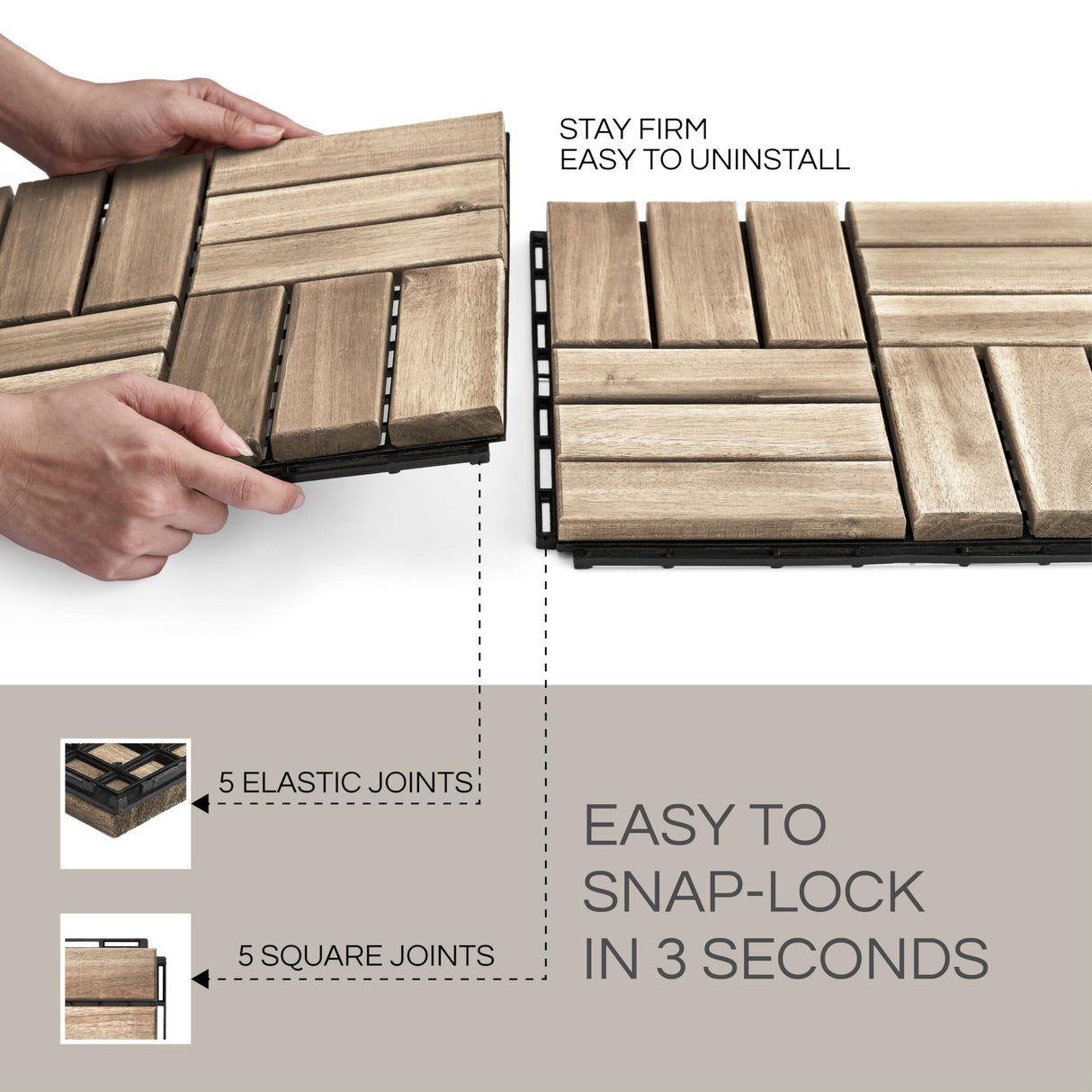 THYOI 30 Pcs Deck Tiles, Patio Flooring - Outdoor Waterproof Acacia Wood Tiles for All Weather Use - Balcony, Backyard, Indoor & Outdoor (White Crossed Pattern, 30 Square Ft)