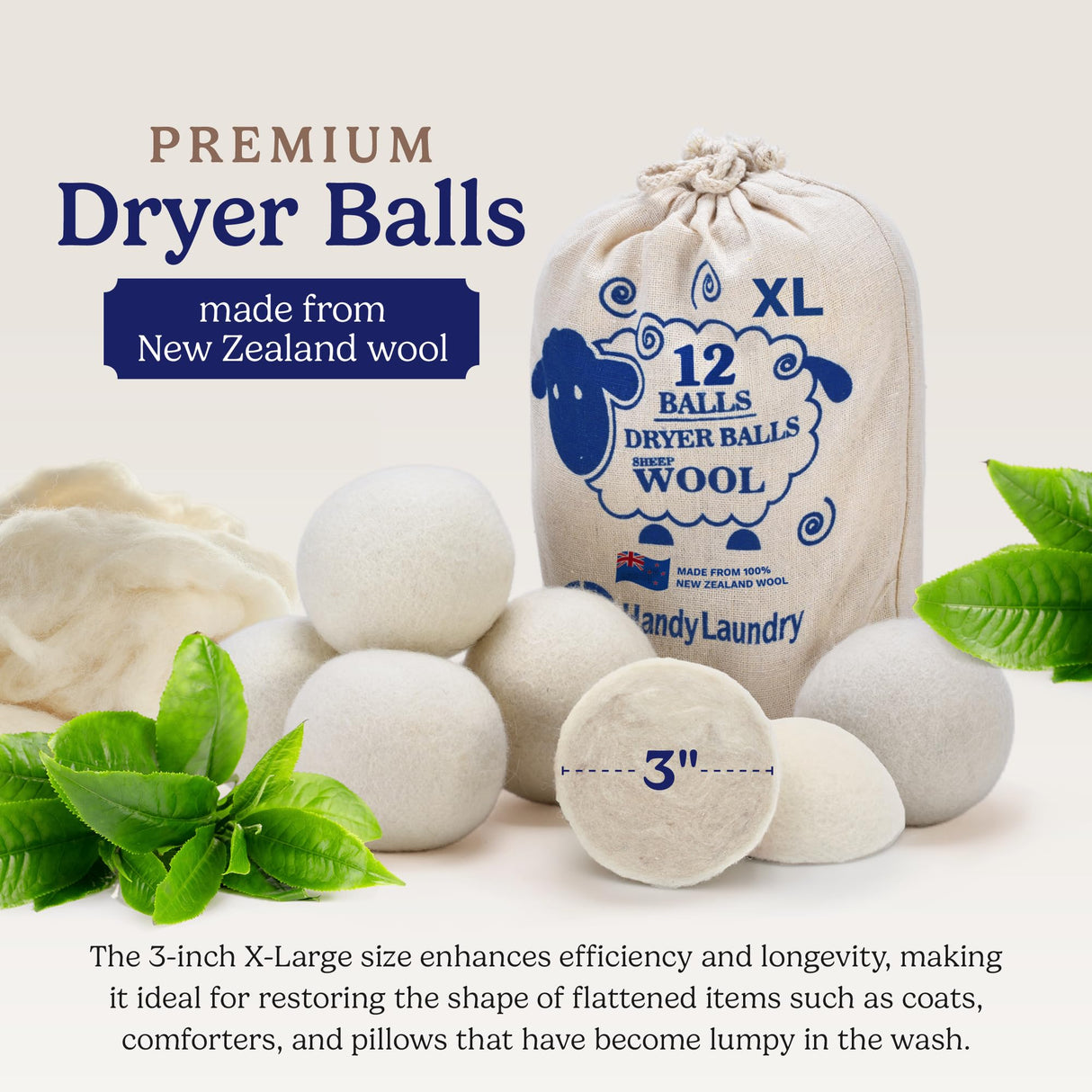 Handy Laundry Wool Dryer Balls - Natural Fabric Softener, Reusable, Reduces Clothing Wrinkles and Saves Drying Time, Better Alternative to Plastic Balls and Liquid Softener (Pack of 12)