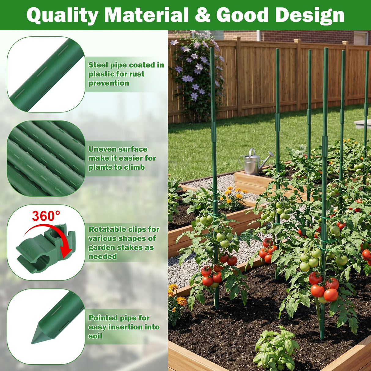 Tegarbed Garden Stakes 40 Pack, 16 Inch Plastic Coated Metal Tomato Stakes, DIY 4ft 5ft 6ft 7ft Plant Support Stakes with 28 Connectors 28 Rotatable Clips 28 Plant Clips for Indoor Outdoor Vegetables