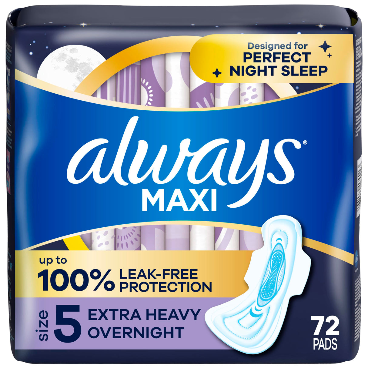 Always Maxi Overnight Pads with Wings, Size 5, Extra Heavy Overnight, Unscented, 72 Count