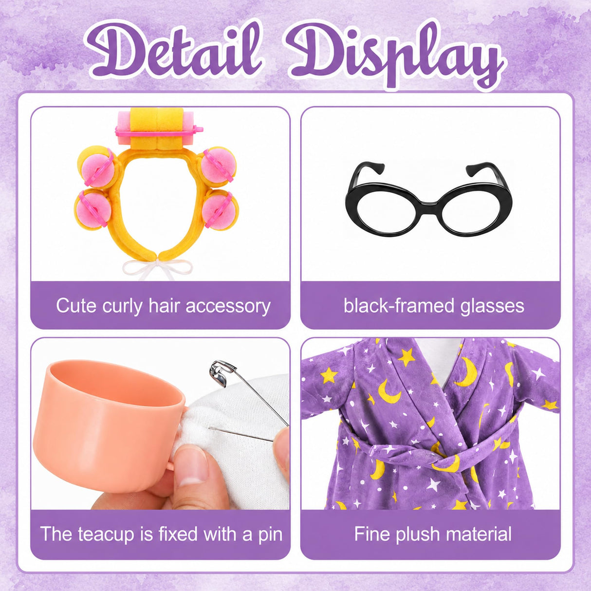 DECOHS 4 Pcs Bathrobe Porch Goose Outfit, Lawn Goose Statue Costume with Star and Moon Print, Yard Goose Bathrobe Curlers Glasses Cup Outfit for 23" Statue Patio Garden Decoration (Purple)