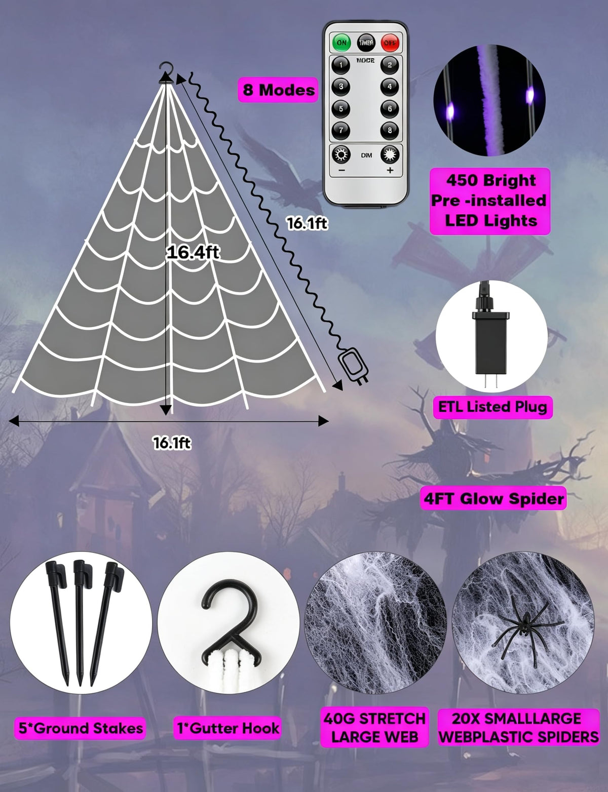 LCHUANG Spider Webs Halloween Decor Lights - 450 LEDs Outdoor Halloween String Lights with Light Up Spider,8 Modes Remote Control 16.4Ft Spiderweb,Waterproof (New Purple Grid Luminous Net)
