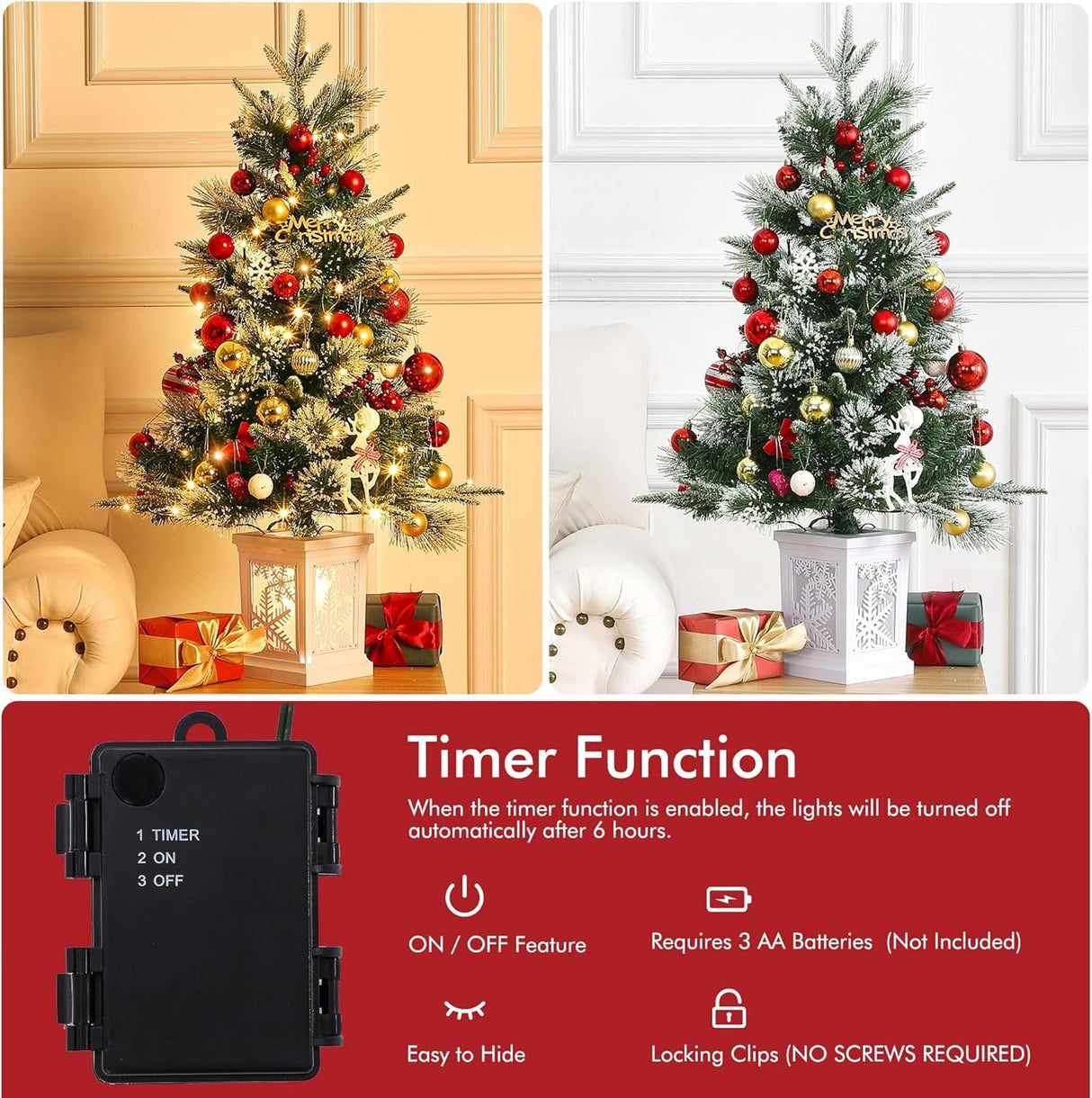 3 Ft Pre-Lit Christmas Tree, Artificial Christmas Trees with Lighting, Xmas Trees with 78 Led Lights, Christmas Decoration for Home, Office, Easy Assembly