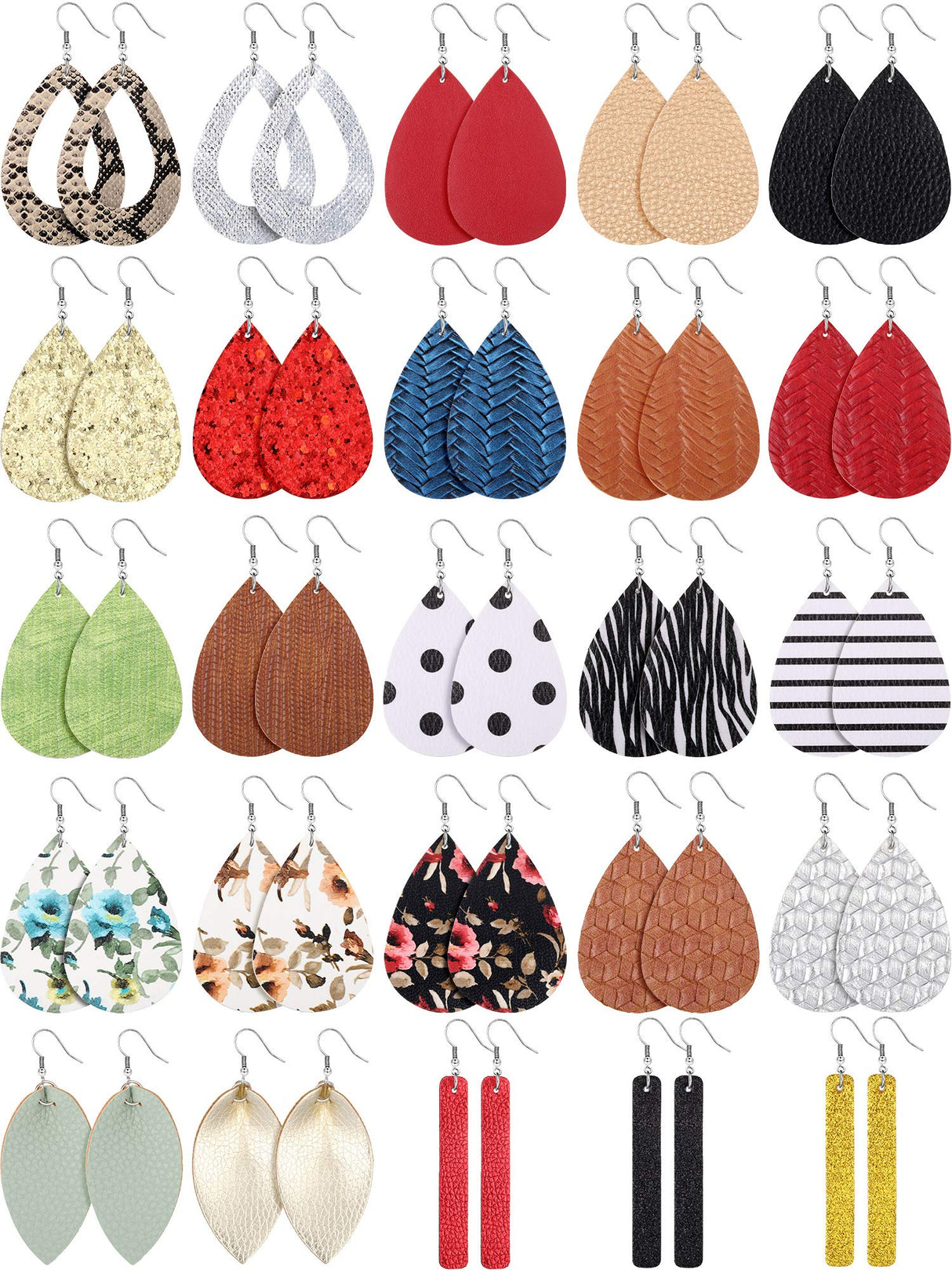 Hicarer 25 Pairs Faux Leather Earrings Teardrop Leaf,Colorful Style