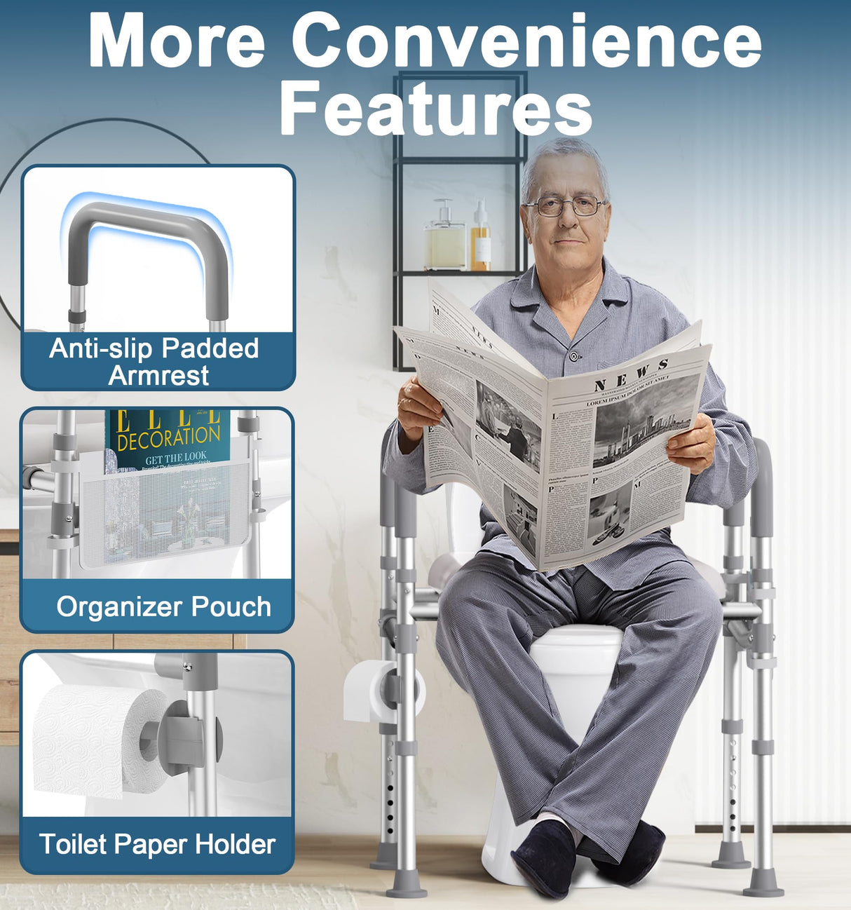 HOMLAND Toilet Seat Risers for Seniors, 400 LBS Raised Toilet Seat, FSA HSA Toilet Riser with Handles, Handicap Elevated Toilet Seat with Adjustable Height & Width for Elderly, Pregnant, Gray