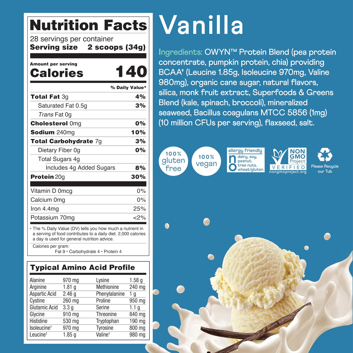 OWYN Only What You Need Dairy Free Protein Powder with 20g Protein, Probiotics, Superfoods Greens, Pea, Chia and Pumpkin Seed Blend (Smooth Vanilla, 2.1 Pound - Pack of 1)