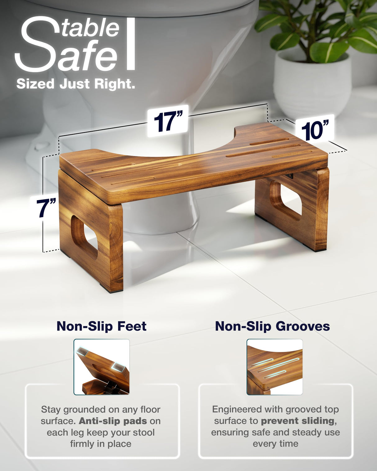 BLUEWEST Foldable Toilet Stool, Acacia Wood Poop Stool for Potty Training, 7 Inch Non-Slip Bathroom Step with Collapsible Design for Adults