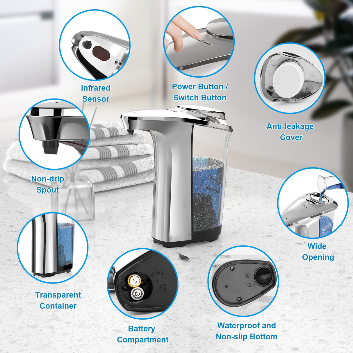 PZOTRUF Automatic Soap Dispenser, Touchless Dish Soap Dispenser 17oz/500ml with Infrared Sensor, 5 Adjustable Soap Dispensing Levels, Liquid Hand Dispenser for Bathroom Kitchen Sink (Silver)