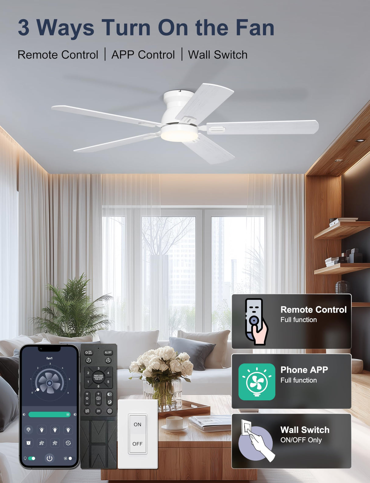 Phylluz 52'' Low Profile Ceiling Fan with Light, White Flush Mount Ceiling Fan for Low Ceilings, Quiet DC Motor, App/Remote Control, Modern Overhead Fan for Bedroom Living Room