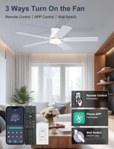 Phylluz 52'' Low Profile Ceiling Fan with Light, White Flush Mount Ceiling Fan for Low Ceilings, Quiet DC Motor, App/Remote Control, Modern Overhead Fan for Bedroom Living Room