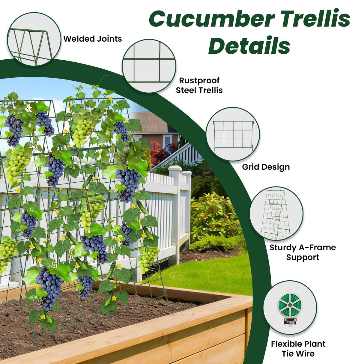 Adjustable A-Frame Trellis for Climbing Plants Outdoor, 48"x32" Cucumber Trellis for Raised Bed, Metal Garden Trellis with Grid Design, Tomato, Grape, Bean, Pea, Squash, Vegetable Trellis (Green)