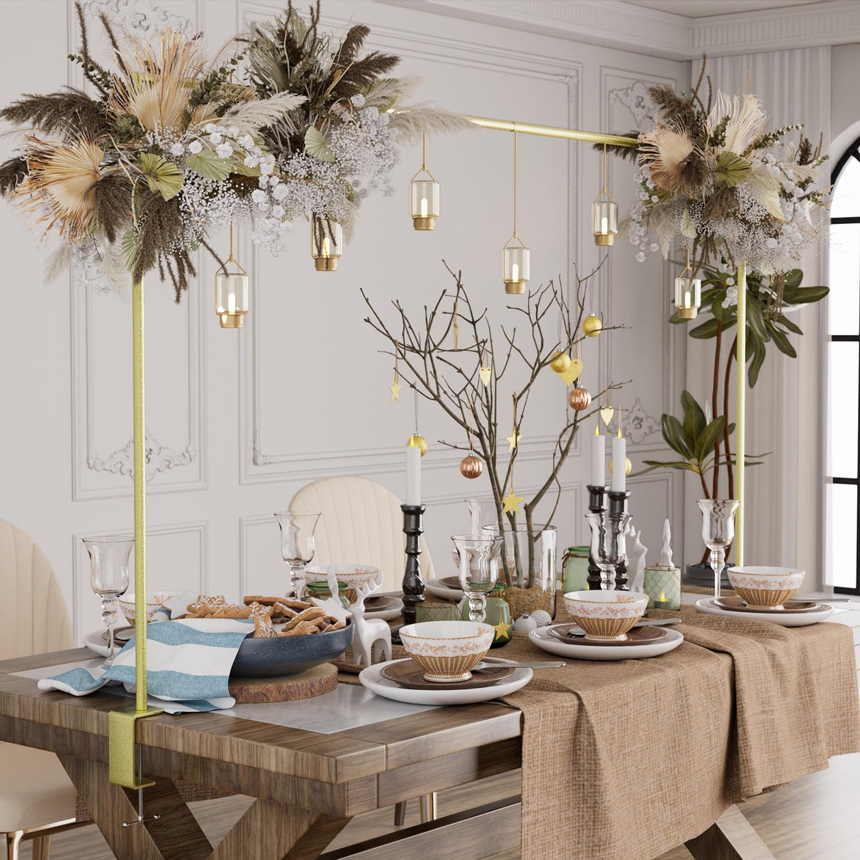 XLHOMO Over The Table Rod Stand with Clamps, Adjustable 32''-79'' Tall 32"-131" Length, Gold Table Arch Stand Metal Balloon Frame Hanging Rod for Weddings Christmas Birthdays Garden Arbors Decoration