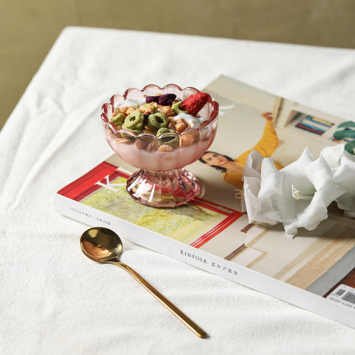 KMwares 6PCs Set 5oz Small Cute Footed Tulip Glass Dessert Bowls/Cups - Perfect for Dessert, Sundae, Ice Cream, Fruit, Salad, Snack, Cocktail, Condiment, Trifle and Christmas Holiday Party (Pink)