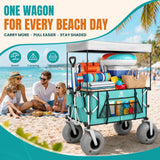 Navatiee Beach Wagon with Big Balloon Wheels for Sand, 200L Extra Large Beach Cart with Canopy, 440Lbs Heavy Duty Folding Wagon Collapsible with 9" Tires & Side Pocket for Beach, Outdoor, Light Blue