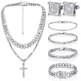Yinkin 6 Pcs Men Jewelry Set Hip Hop Diamond Chain Bracelet Set, Silver
