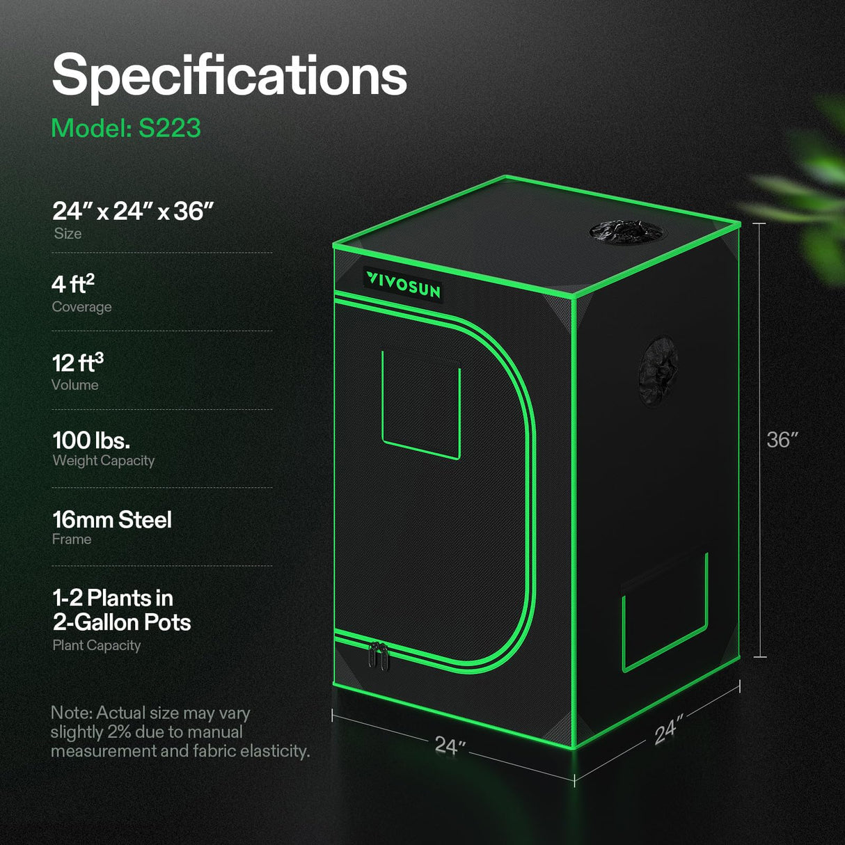 VIVOSUN S223 2x2 Grow Tent, 24"x24"x36" High Reflective Mylar with Observation Window and Floor Tray for Hydroponics Indoor Plant for VS1000
