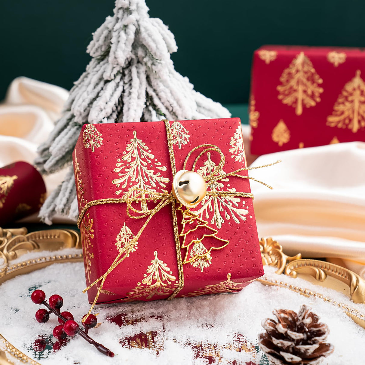 WRAPAHOLIC 30 Inch Jumbo 3D Kraft Christmas Wrapping Paper - 30 Inch x 16.5 Feet - Gold and Red Christmas Tree Wrapping Paper with Embossed Perfect for Holiday, Party Celebration