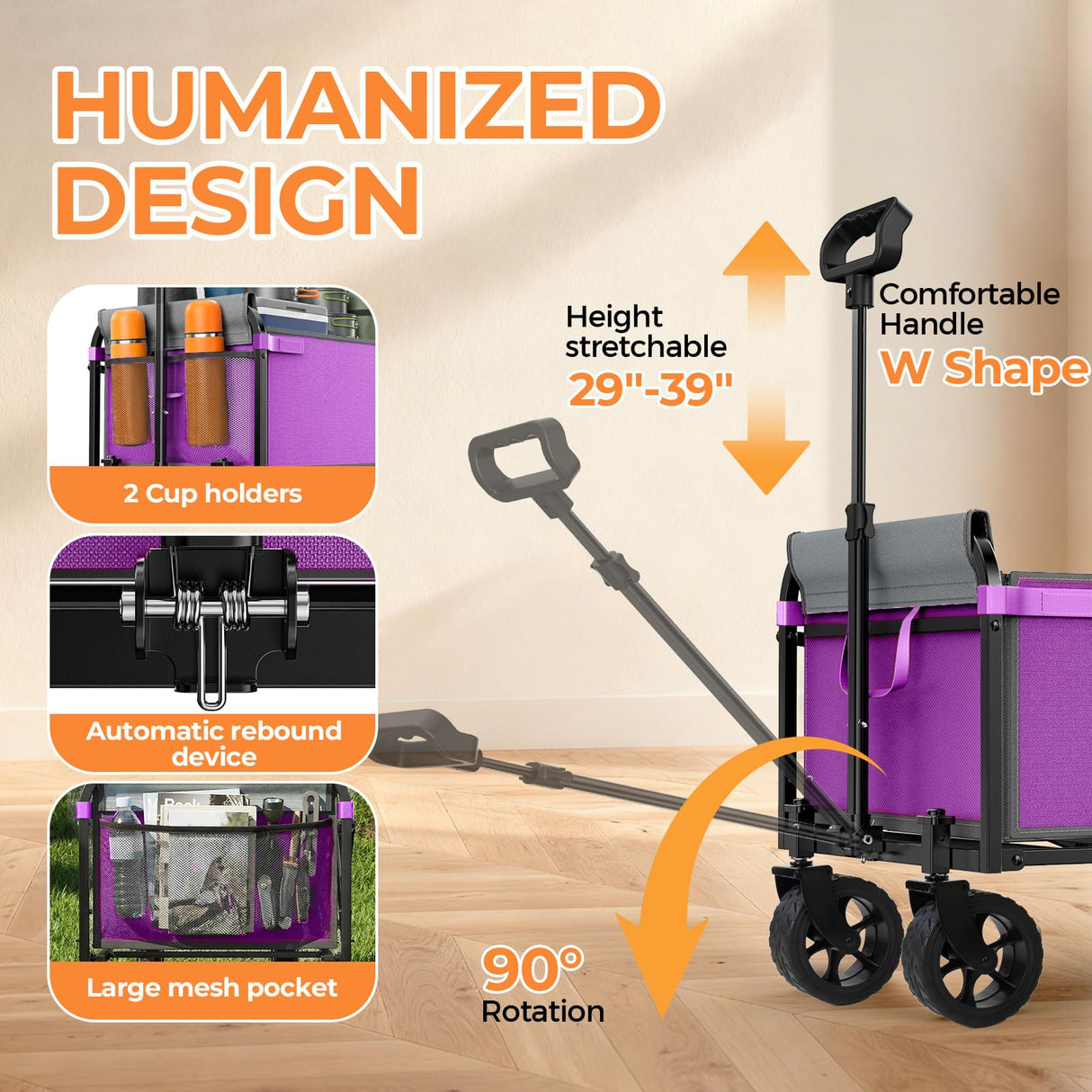 Holacamking Portable Collapsible Wagon Cart, Foldable Cart with Removable Side, Utility Groceries Wagon for Dogs Pets Camping Beach Shopping Sports Gardeing Fishing, Purple