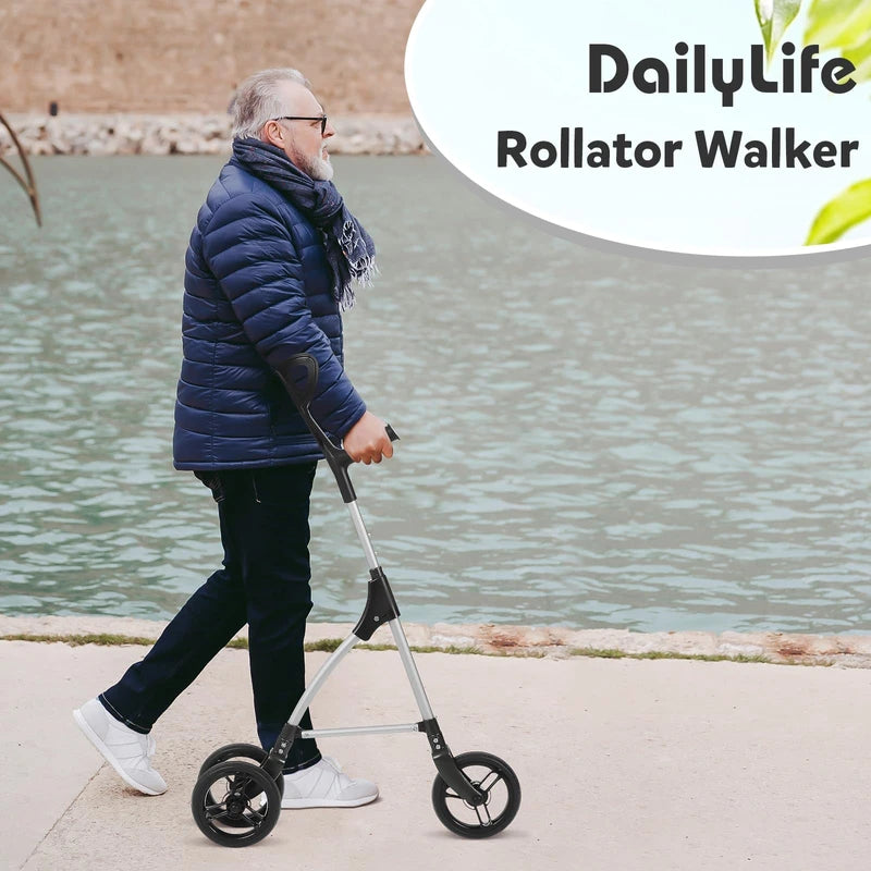 DAILYLIFE Rollator Walker for Seniors & Caregivers - Steerable Cane with 7.5" Wheels, Adjustable Height, Folding Design, Lightweight Aluminum Frame - White