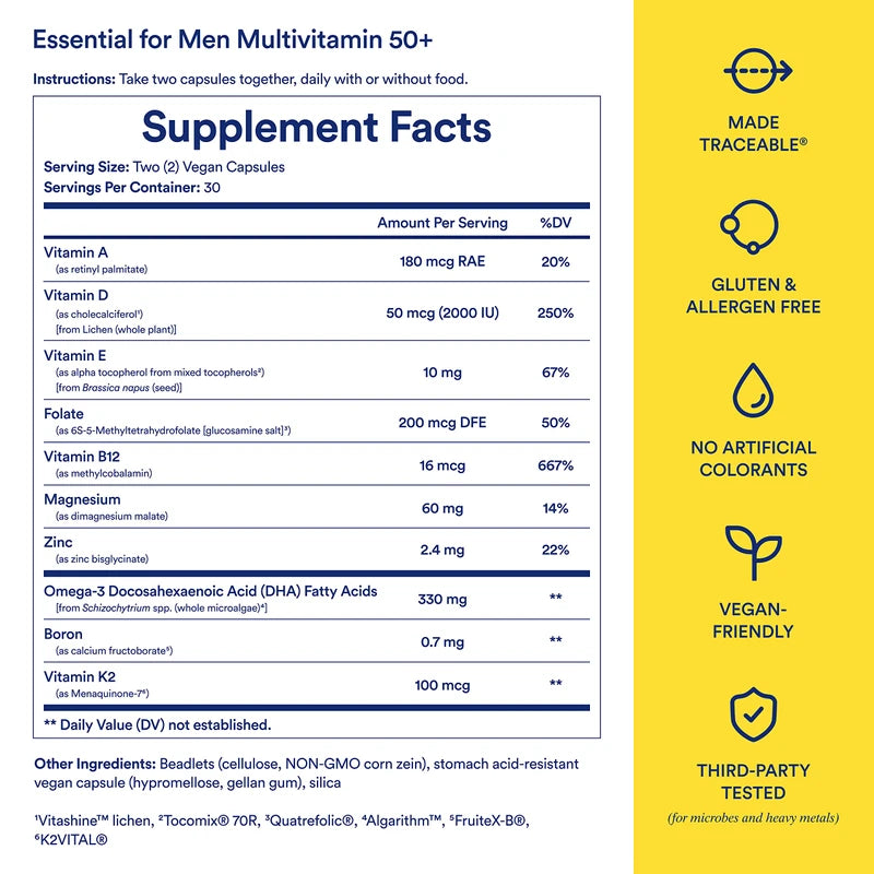 Ritual Multivitamin for Men 50 and Over with Zinc, Vitamin A and D3 for Immune Function Support*, Omega-3 DHA, B12, K2, Gluten Free, Non-GMO, Mint Essenced, 30 Day Supply, 60 Vegan Capsules