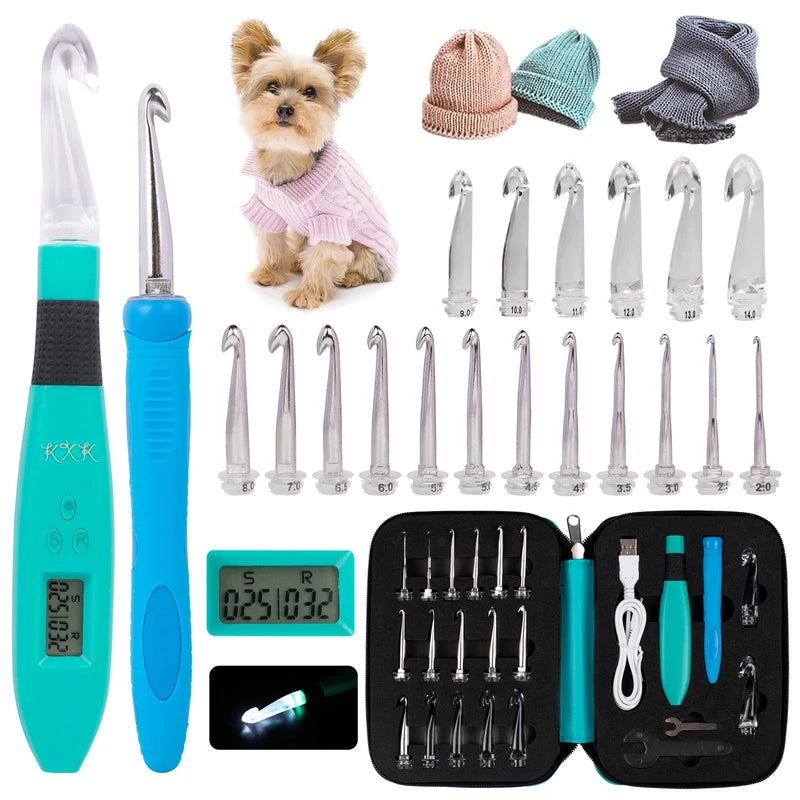 KXK Crochet Hooks Set Digital – Original Ergonomic Counter to Track Rows and Stitches – Crochet Kit with 18 Different Size Interchangeable Crochet Needle with 2 Levels Led