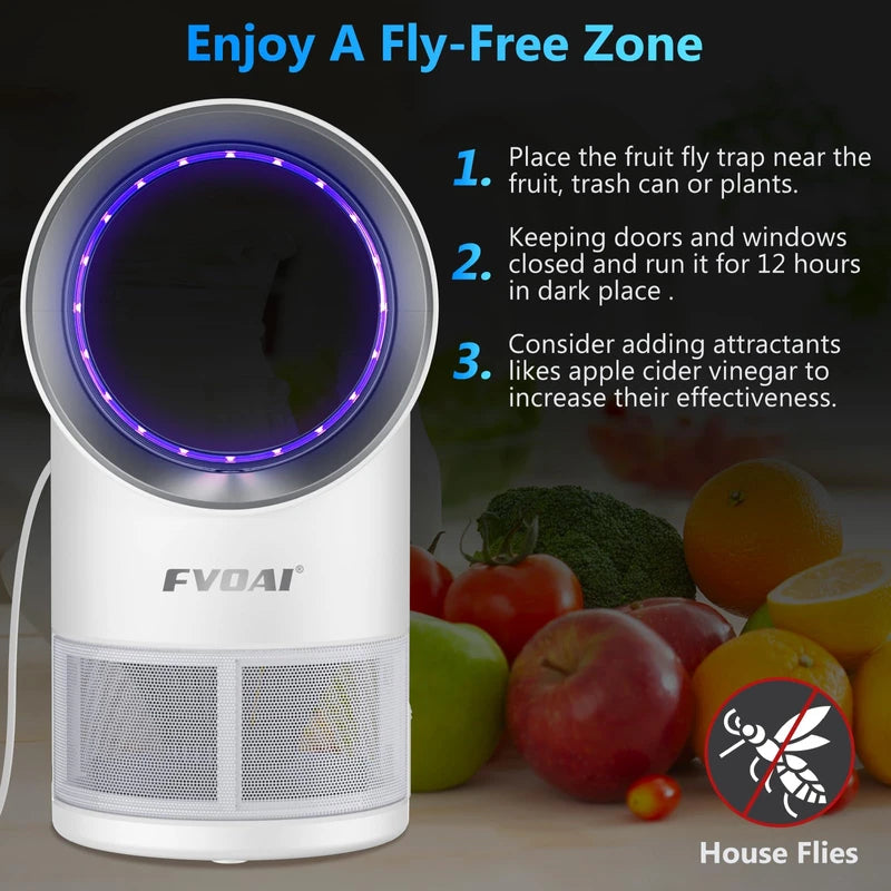 FVOAI Fruit Fly Trap for Indoors, Fly Traps Indoor for Home Indoor Insect Trap with Suction, Time Setting, Bug Light & 10 Pcs Sticky Glue Boards (White)