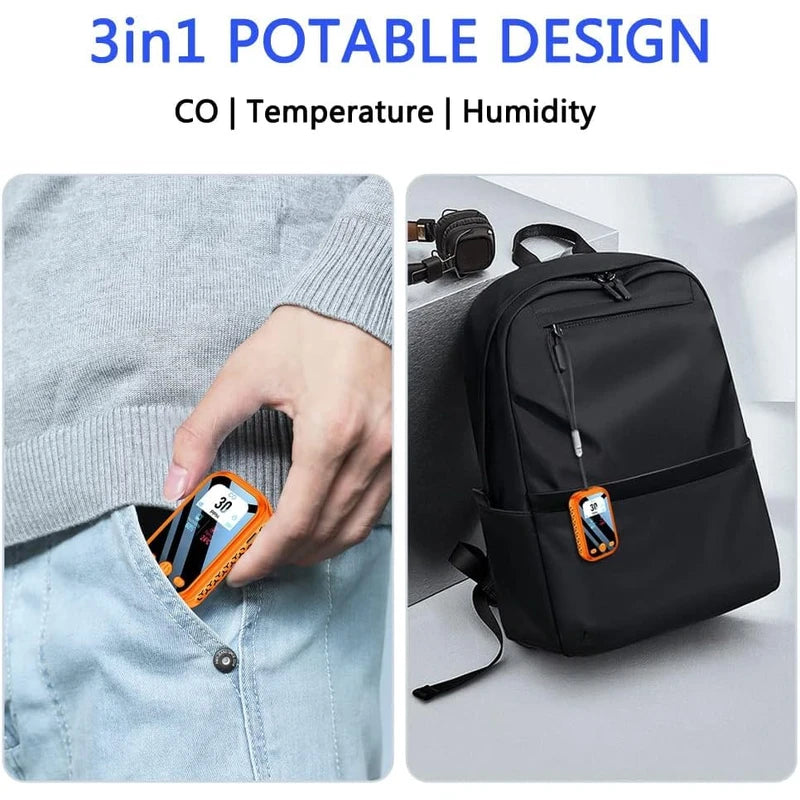 CEKKIENA [3-in-1] Carbon Monoxide Detector Portable Mini Air Quality Monitor with Lanyard & Kickstand Smoke Alarm CO Meter Temperature Humidity Sensor Built-in 1000mAh Battery Indoor/Outdoor (Orange)