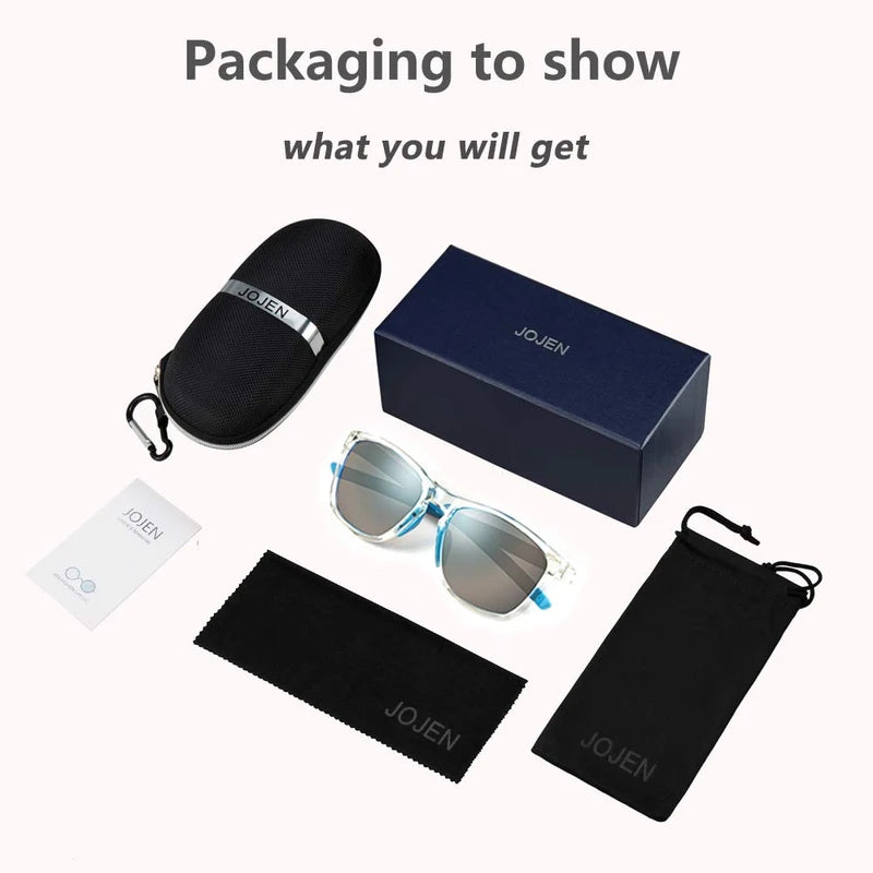 JOJEN Polarized Sports Sunglasses for Women Men Running Golf Fishing Cycling Driving 100% UV Protection Sun Glasses JE001, Transparent Frame Blue Revo Lens, 5.3