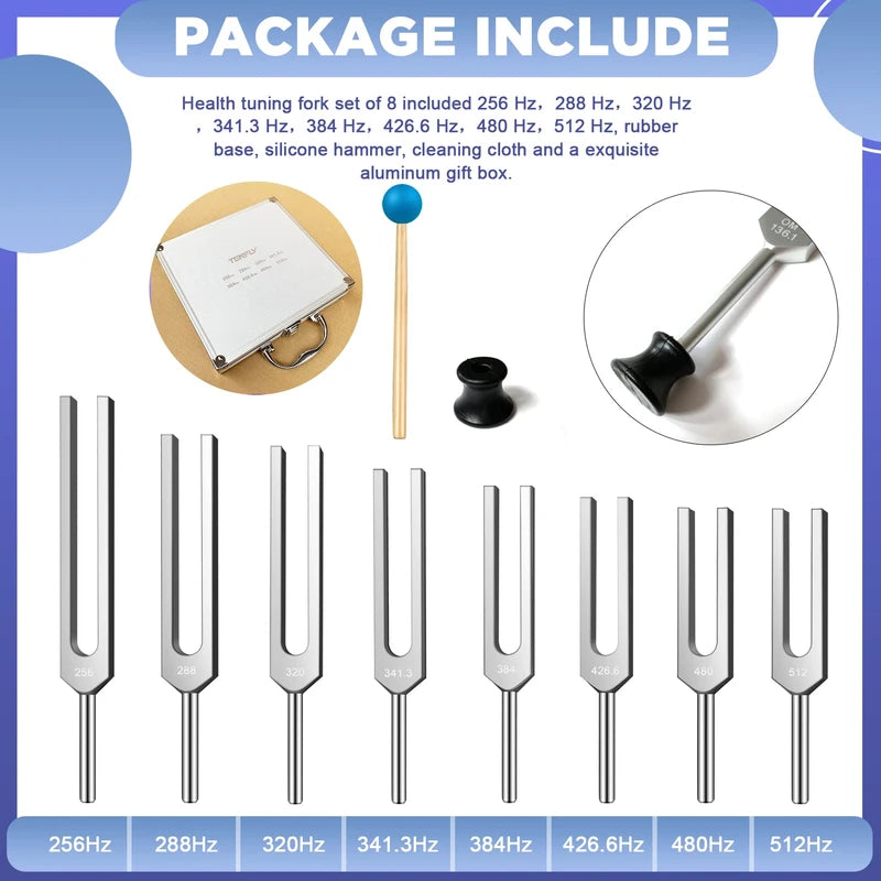 TENFLY Tuning Fork Set of 8 (256 Hz，288 Hz，320 Hz，341.3 Hz，384 Hz，426.6 Hz，480 Hz，512 Hz), Tuning Forks Perfect for Healing, Chakra, Sound Therapy, Keep Body, Mind and Spirit in Perfect Harmony