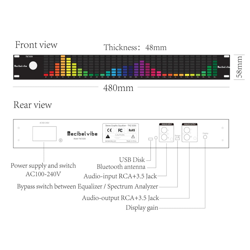Decibelvibe TNZ SGE6 - Audio Graphic Equalizer with Rear RCA/3.5 Auxiliary Input and Output, Built-in Microphone, USB and Bluetooth Input, Preamp for Home Audio, DJ, HiFi Audio Setup (Gold)