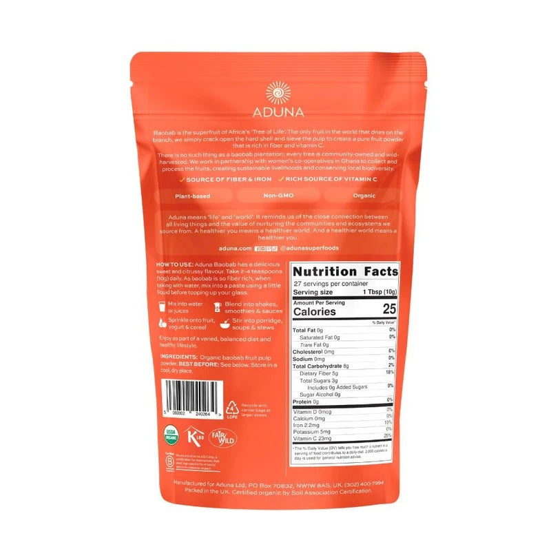Aduna Organic Baobab Powder 275g Resealable and Recyclable Pack