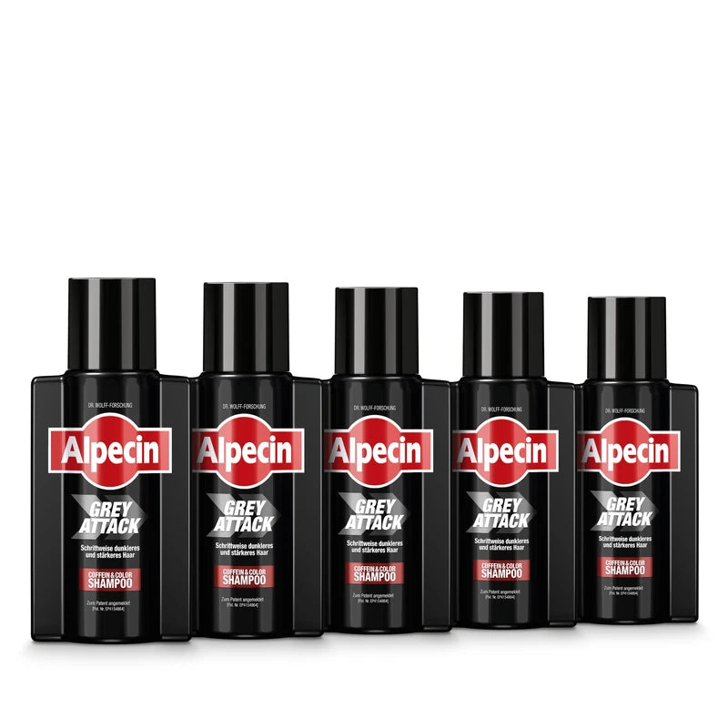 Alpecin Grey Attack Caffeine & Colour Shampoo - 5 x 75 ml - Gradual Hair Darkening | Natural Colour Result from 3-4 Weeks | Hereditary Hair Loss is Prevented