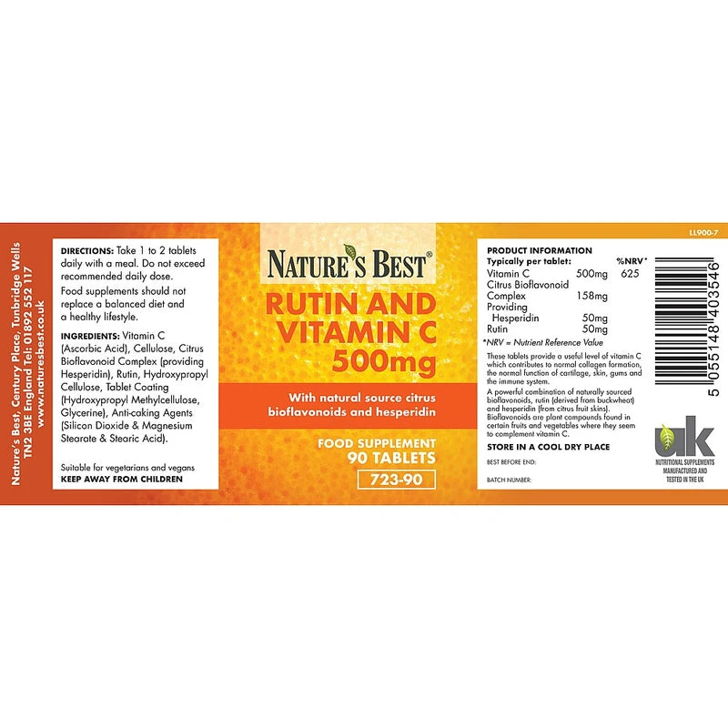 Natures Best Rutin and Vitamin C 500mg, Contributes To The Normal Function Of The Immune System, 90 TABLETS