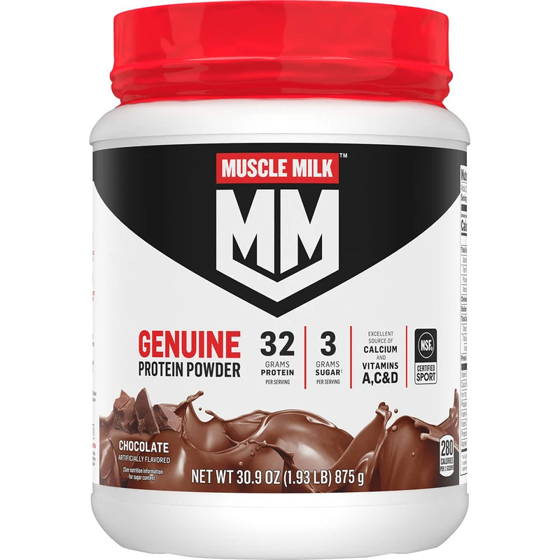 Muscle Milk Muscle Milk Genuine Protein Powder, Chocolate, 1.93 Pounds, 12 Servings, 32g Protein, 3g Sugar, Calcium, Vitamins A, C & D, NSF Certified for Sport, Energizing Snack, Packaging May Vary