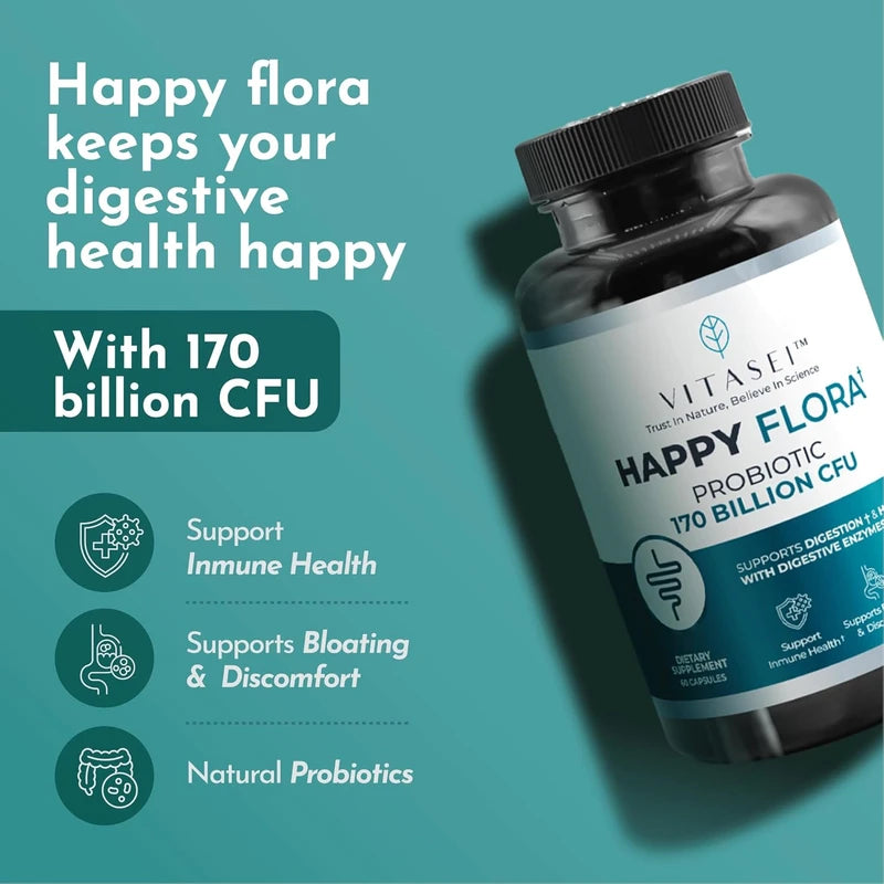 Happy Flora, Probiotic Supplement 170 Billion CFU for a Healthy Gut Health with enzymes for Digestion, probiotics for Women and Men, 1 Bottle - 60 Capsules