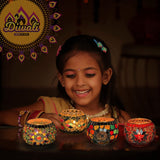 SHMILMH Glass Candle Holder Set of 4, Diwali Gift Votive Candle Holders Handmade Mosaic Glass Tealight Holders Diwali Christmas Table Decorations for Home