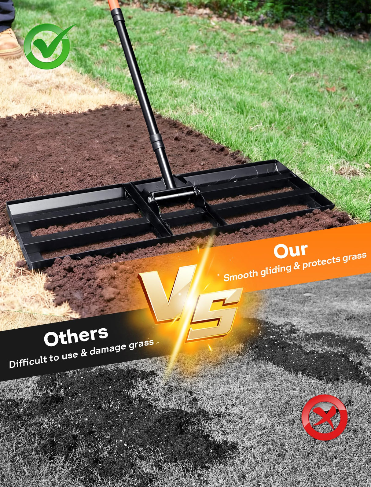 Lawn Leveling Rake 30" x 10", Heavy Duty Lawn Leveler with 78" Handle