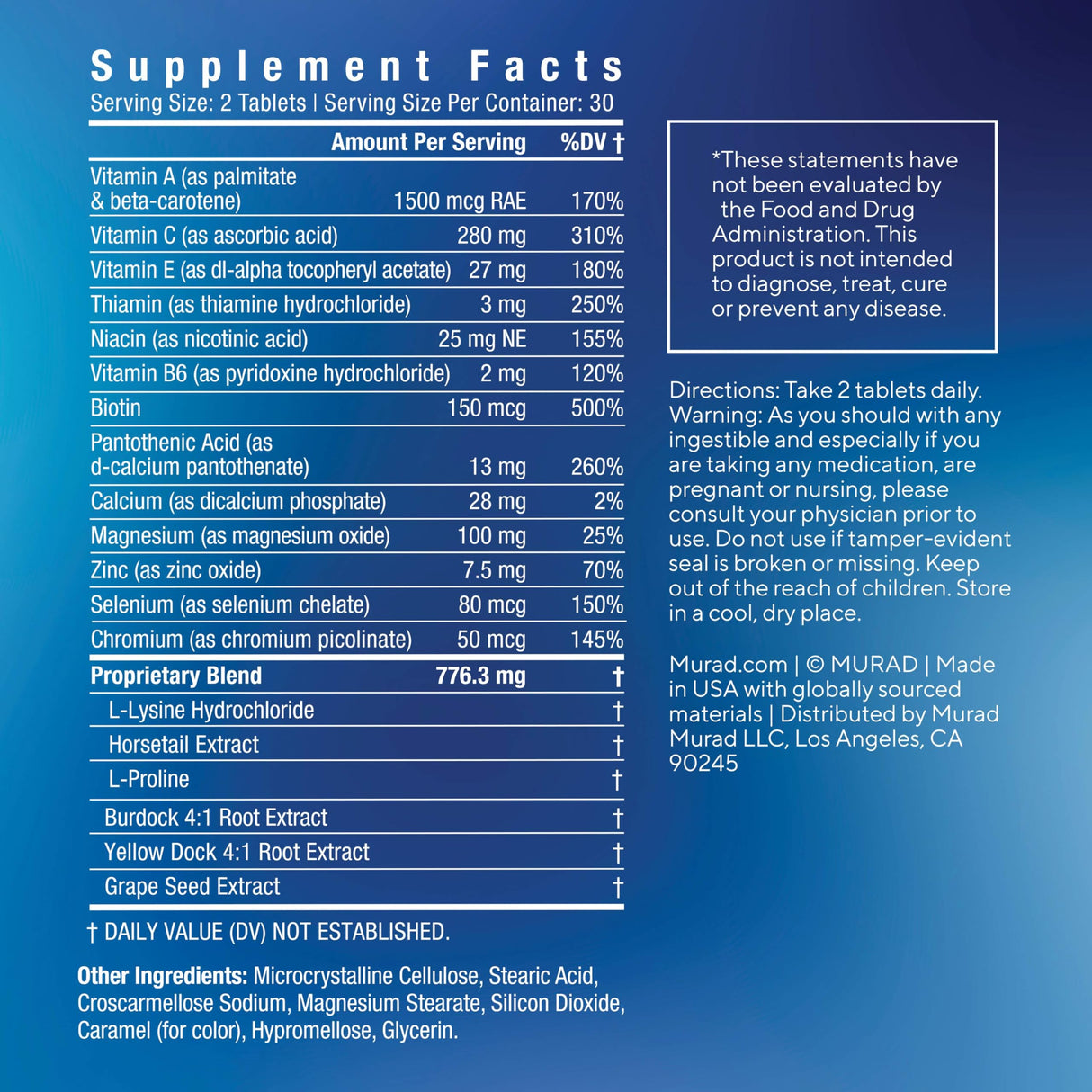 Murad Pure Skin Acne Supplements – 60 Tablets – Clear Skin Support with Blend of Vitamin A & B6, Zinc, Amino Acids, & Burdock Root – Promotes Healthy Skin, Oil Balance, Gut Health & Stress Relief