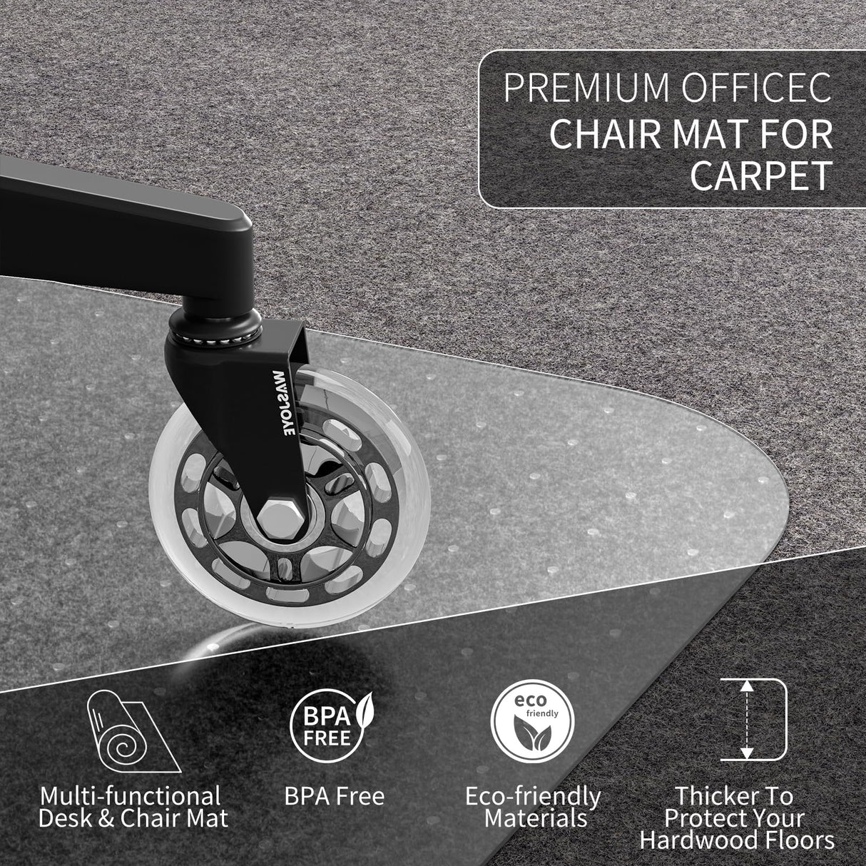 WASJOYE Office Chair Mat for Carpet, 30" x 48" Chair Mat for Carpet with Non-Slip Studded for Home and Office Low Pile Carpet