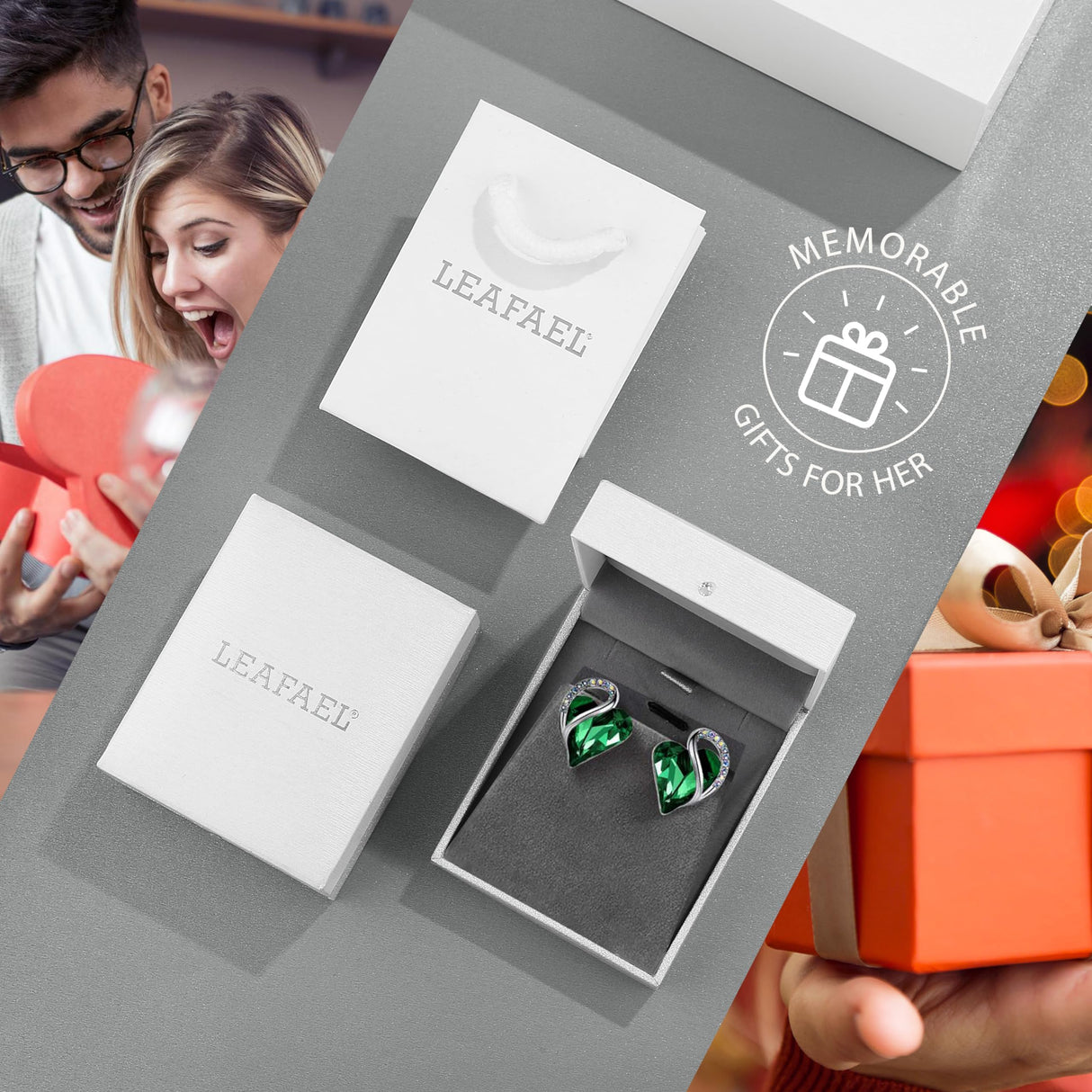 Leafael Infinity Love Heart Stud Earrings for Women, May Birthstone Crystal Emerald Green, Gifts for Mom, Wife, and Her, Silver Tone