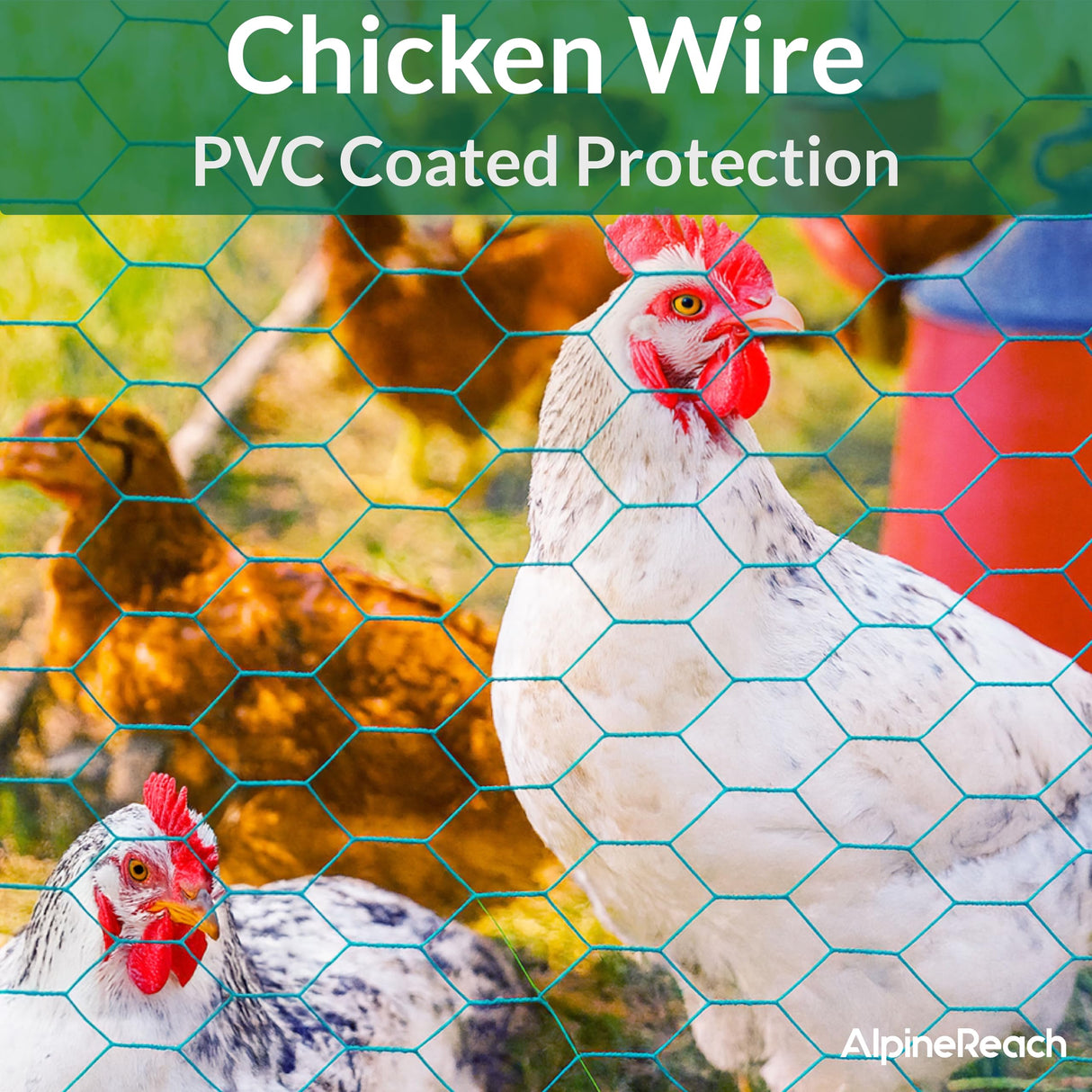 AlpineReach Chicken Wire 1.3ft x 27ft Fencing for Poultry, Crafts, Floral Arrangements, Zip Ties - Green Mesh Roll Galvanized Hexagonal PVC Coated Garden Netting for Gardening Fence (15.6" x 324")